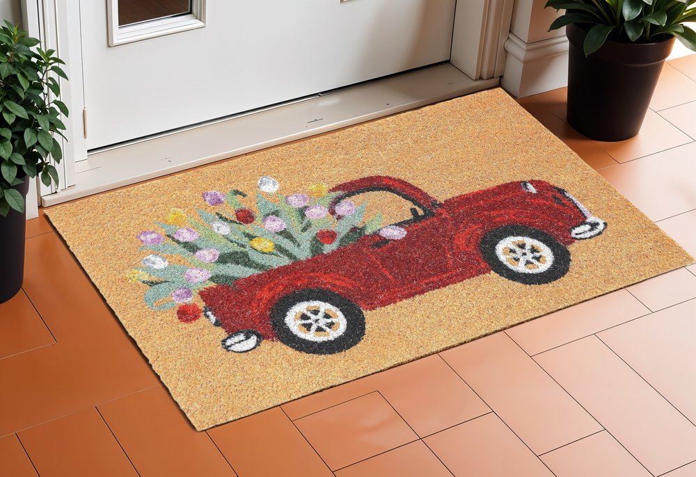 17" X 29" Natural And Red Floral Outdoor Coir Door Mat — view 1