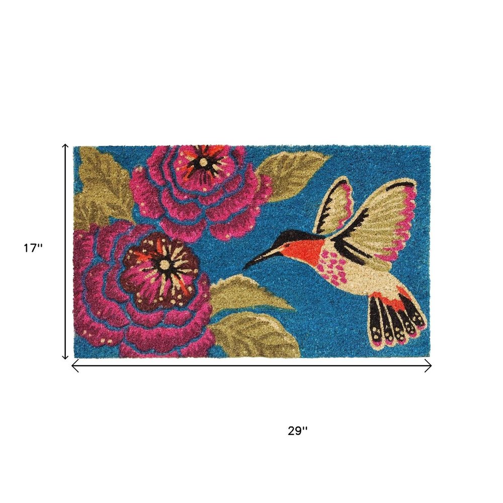 17" X 29" Blue Pink And Green Hummingbird Outdoor Coir Door Mat HomeRoots