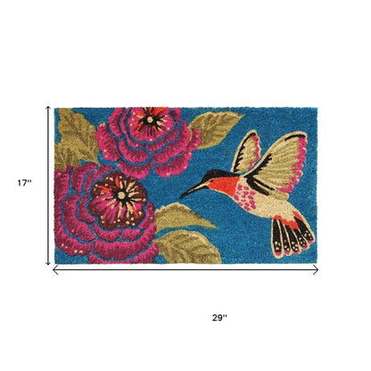 17" X 29" Blue Pink And Green Hummingbird Outdoor Coir Door Mat HomeRoots