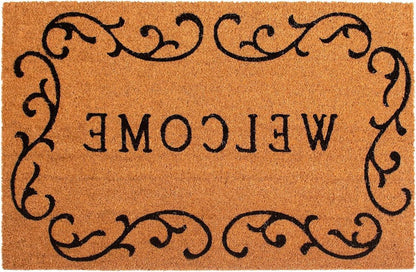 17" X 29" Natural And Black Scrollwork Welcome Outdoor Coir Door Mat