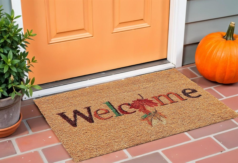17" X 29" Natural And Orange Fall Leaves Welcome Coir Outdoor Door Mat HomeRoots