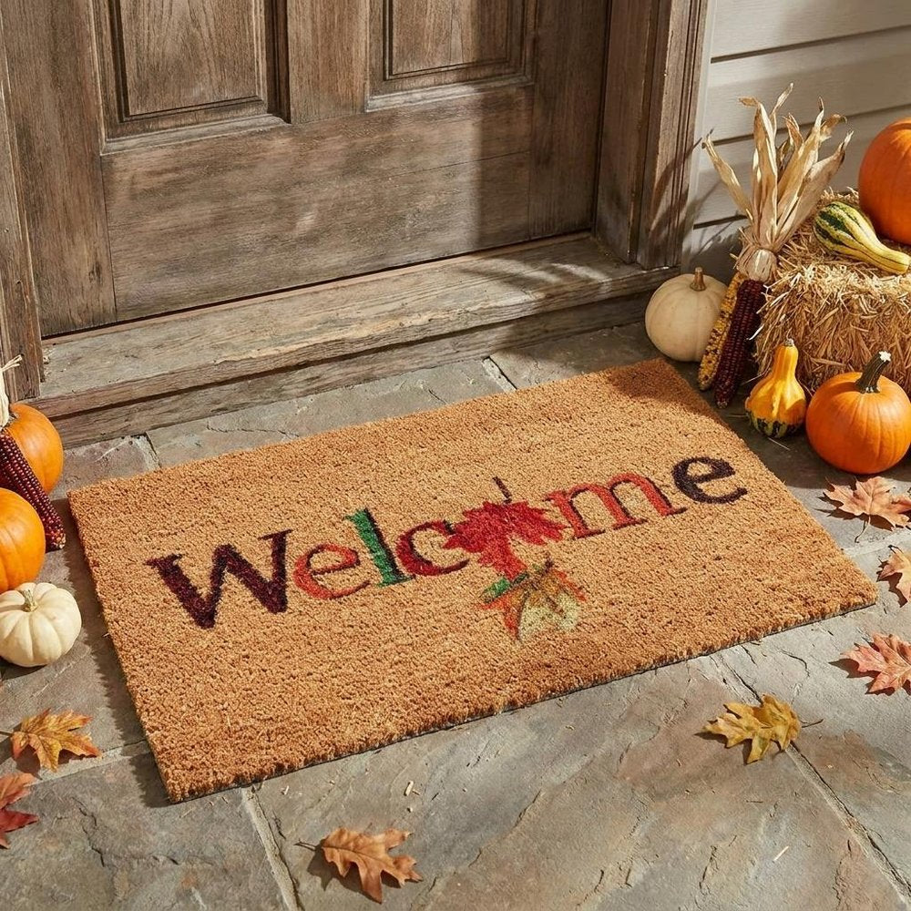 17" X 29" Natural And Orange Fall Leaves Welcome Coir Outdoor Door Mat HomeRoots