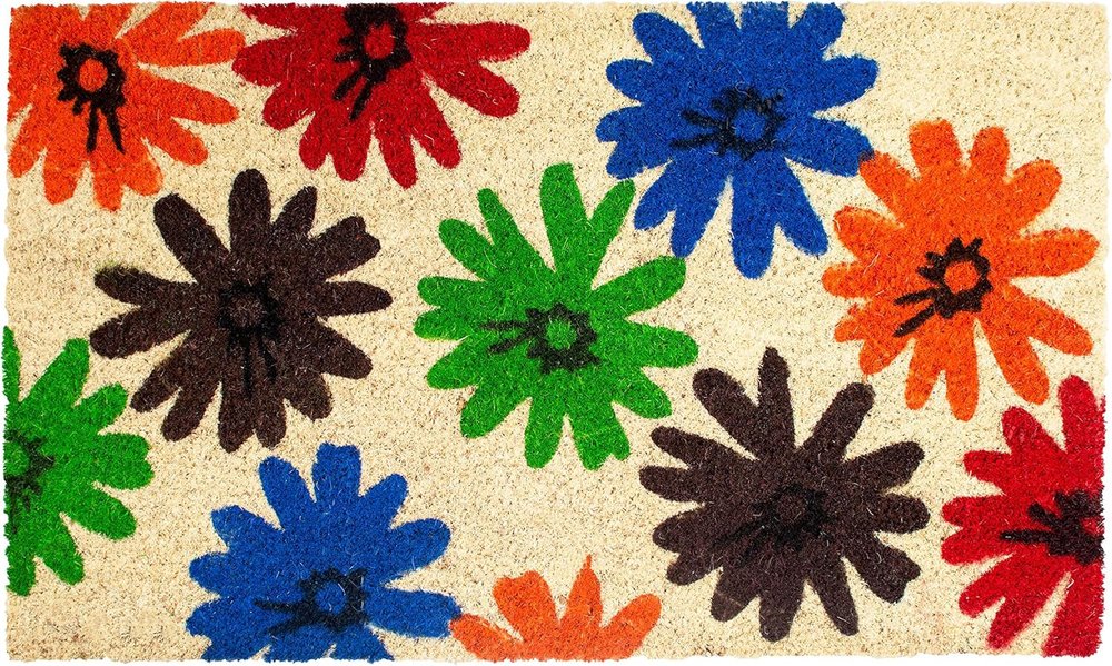 17" X 29" Natural Blue Green And Orange  Floral Outdoor Coir Door Mat HomeRoots