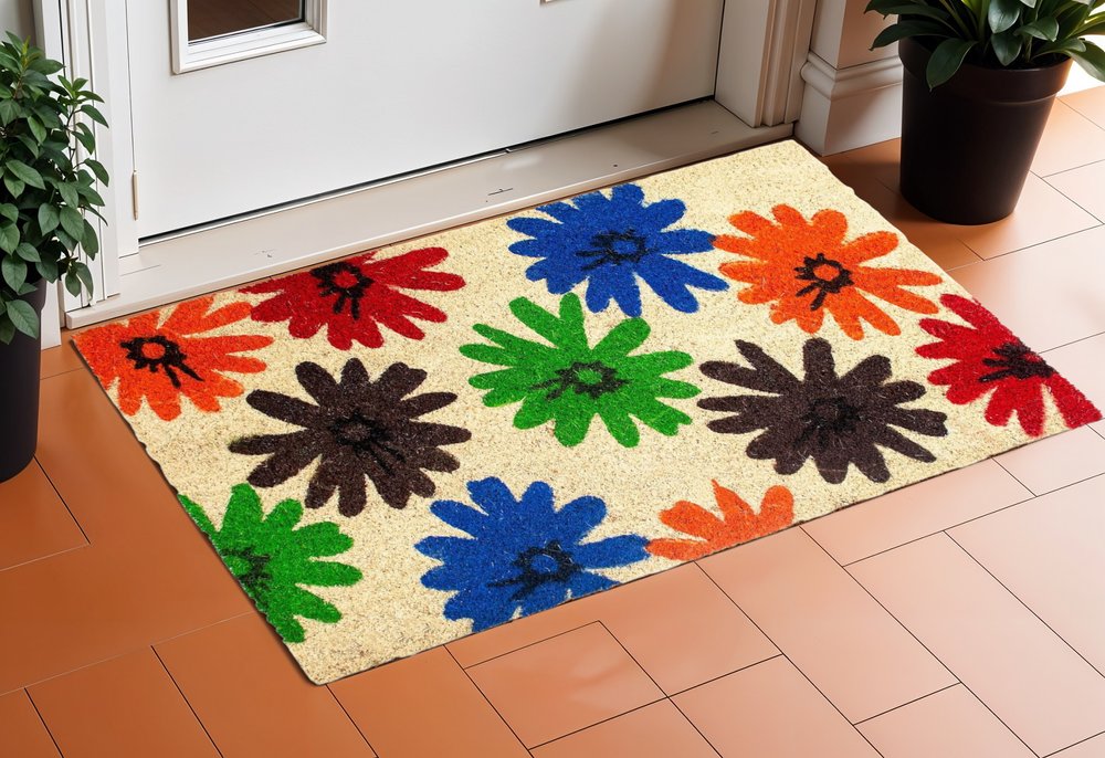 17" X 29" Natural Blue Green And Orange  Floral Outdoor Coir Door Mat — view 1