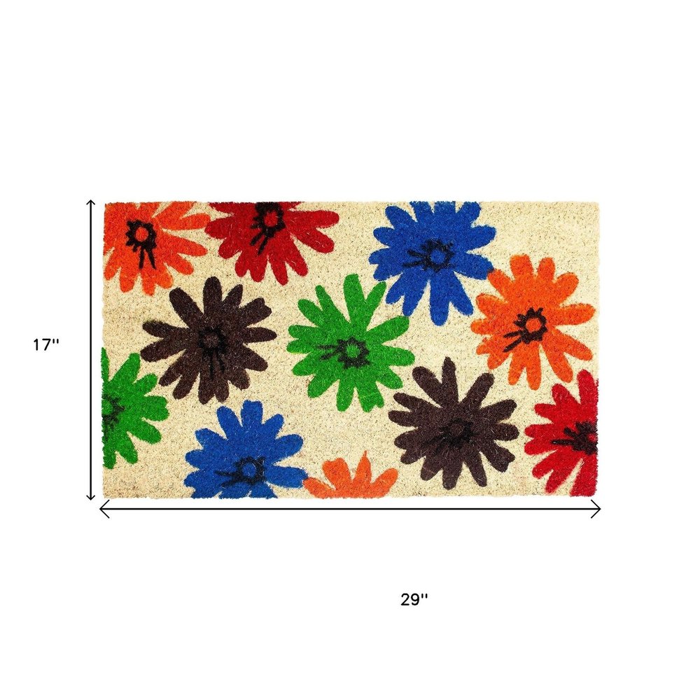 17" X 29" Natural Blue Green And Orange  Floral Outdoor Coir Door Mat HomeRoots
