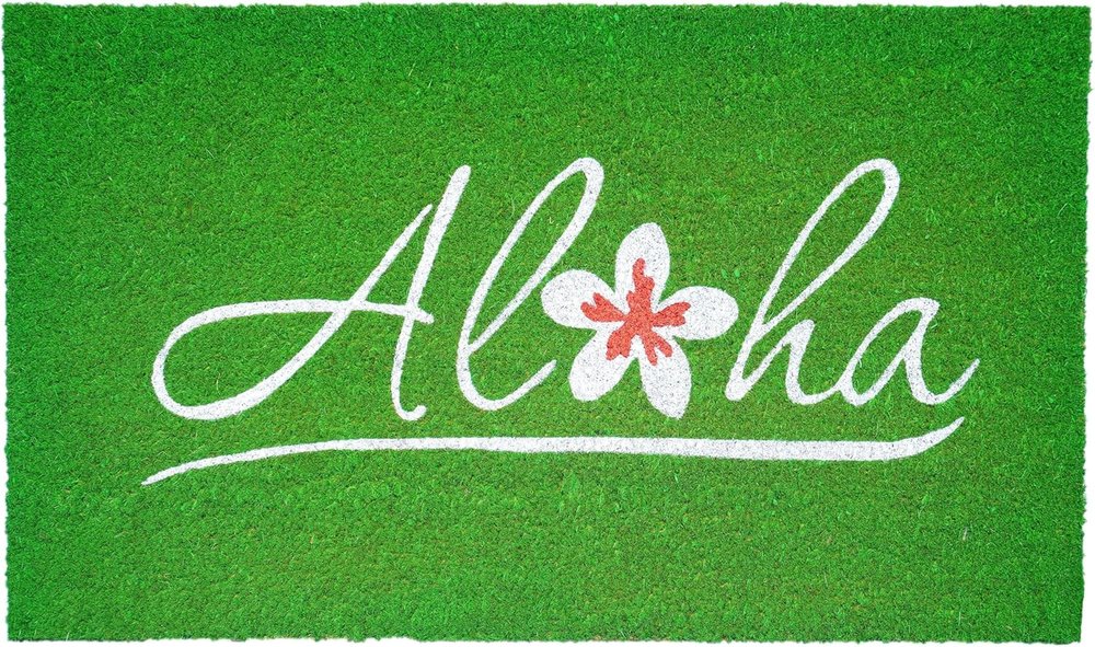 17" X 29" Green And White Aloha Outdoor Coir Door Mat HomeRoots