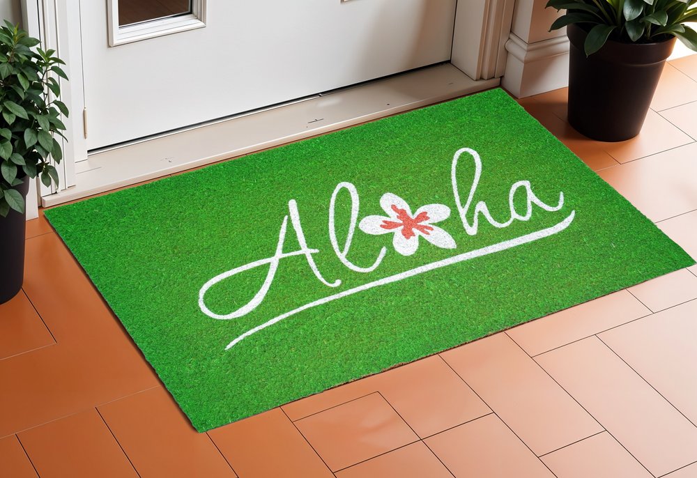 17" X 29" Green And White Aloha Outdoor Coir Door Mat — view 1