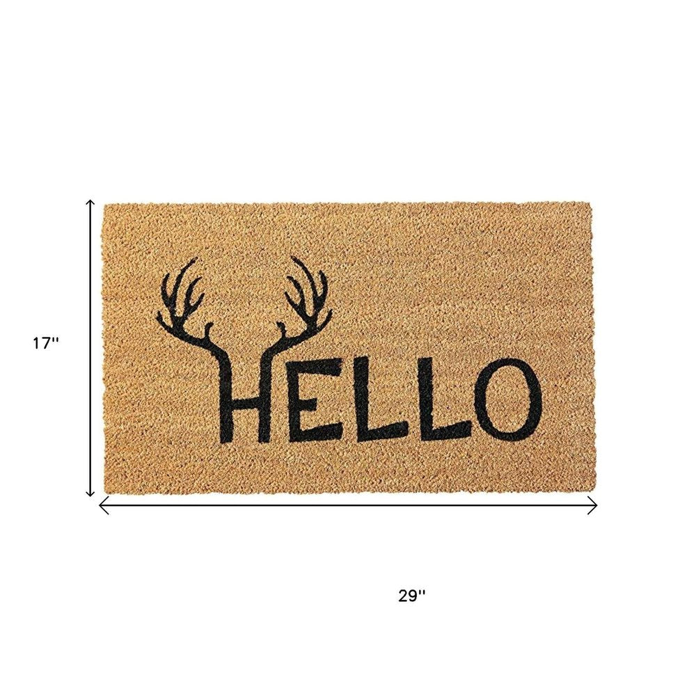 17" X 29" Natural And Black Hello With Antlers Coir Outdoor Door Mat HomeRoots