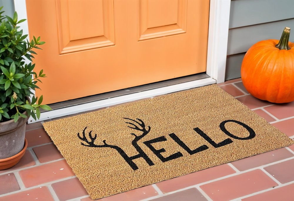 17" X 29" Natural And Black Hello With Antlers Coir Outdoor Door Mat HomeRoots