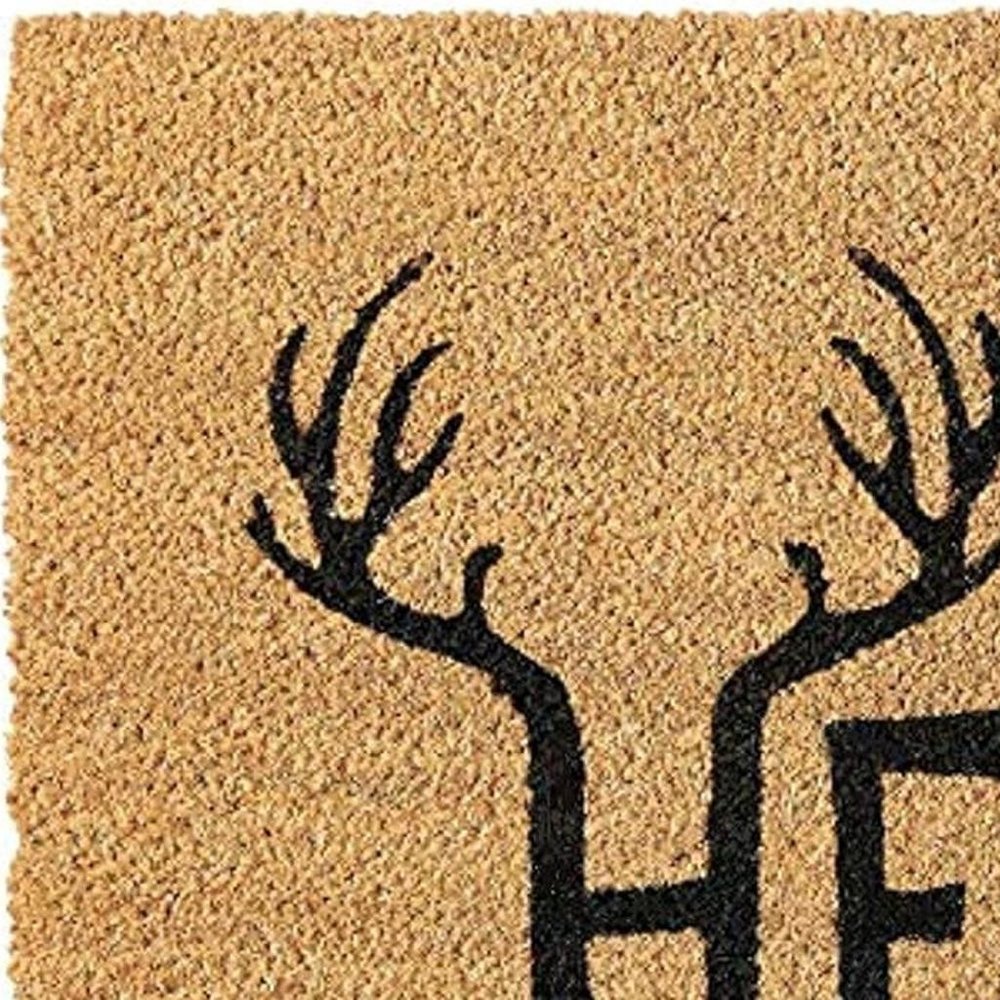 17" X 29" Natural And Black Hello With Antlers Coir Outdoor Door Mat HomeRoots