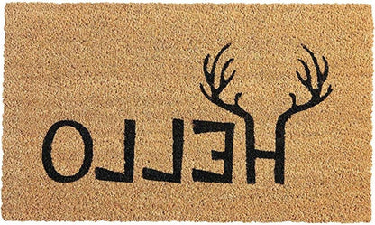 17" X 29" Natural And Black Hello With Antlers Coir Outdoor Door Mat HomeRoots