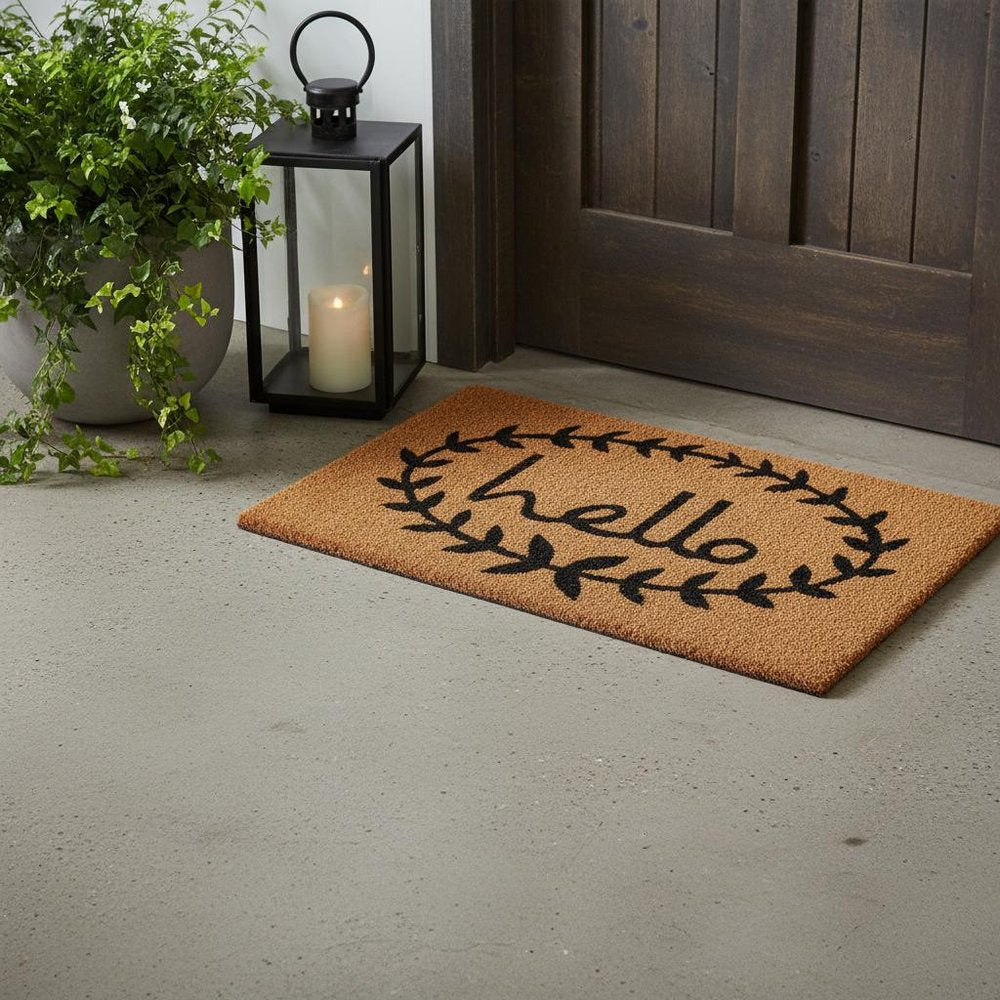 17" X 29" Natural And Black Hello Outdoor Coir Door Mat