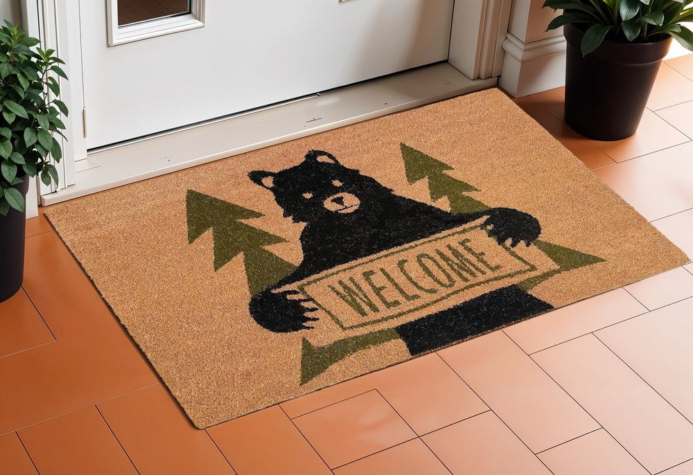 17" X 29" Natural And Black Coir Bear Outdoor Door Mat HomeRoots