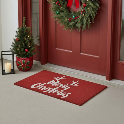 17" X 29" Red And White Coir Reindeer Outdoor Christmas Door Mat HomeRoots