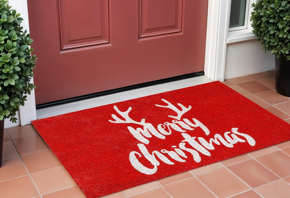 17" X 29" Red And White Coir Reindeer Outdoor Christmas Door Mat HomeRoots