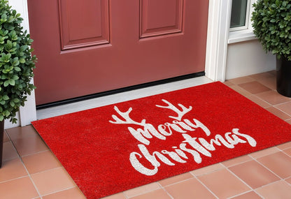 17" X 29" Red And White Coir Reindeer Outdoor Christmas Door Mat HomeRoots