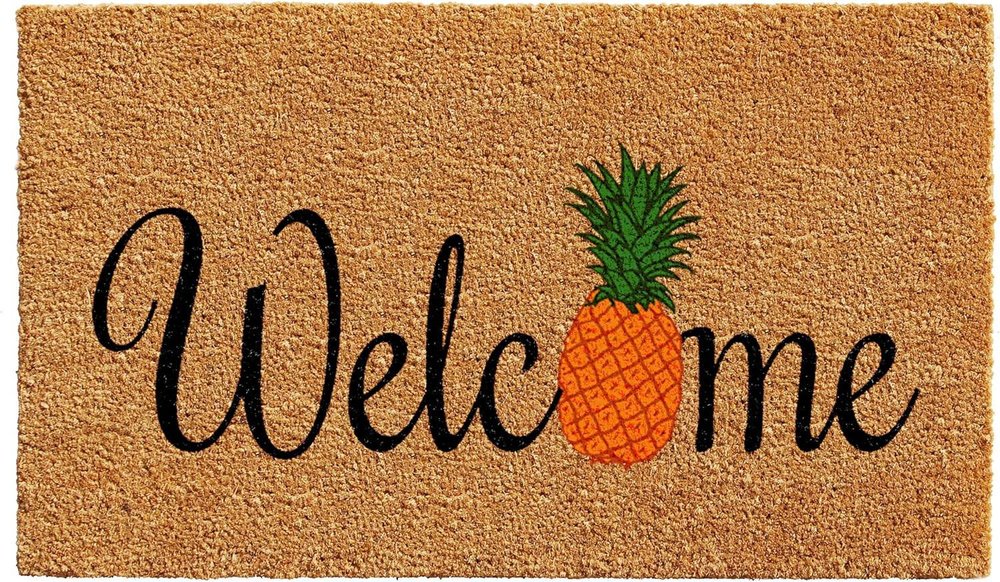 17" X 29" Natural And Black Pineapple Welcome Outdoor Coir Door Mat HomeRoots