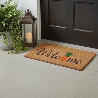 17" X 29" Natural And Black Pineapple Welcome Outdoor Coir Door Mat HomeRoots
