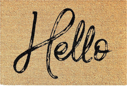 24" X 36" Natural And Black Hello Distressed Outdoor Coir Door Mat