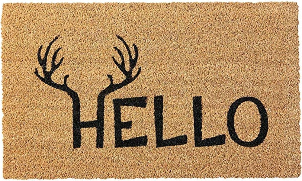 17" X 29" Natural And Black Hello With Antlers Coir Outdoor Door Mat HomeRoots