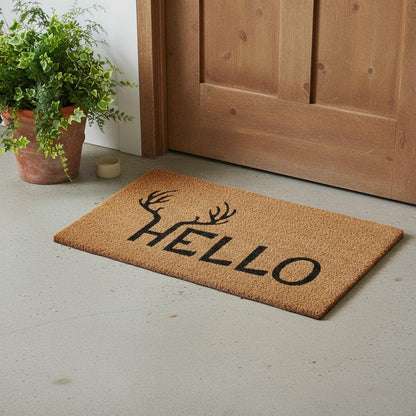 17" X 29" Natural And Black Hello With Antlers Coir Outdoor Door Mat HomeRoots