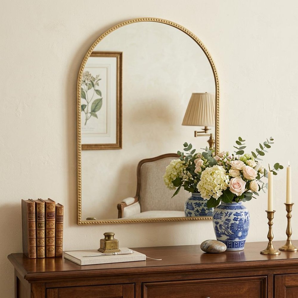 34" Gold Metal Beaded Arch Accent Mirror HomeRoots