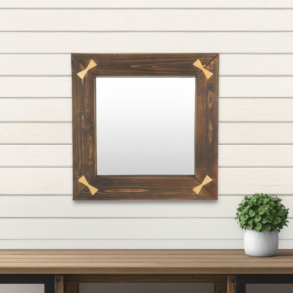 22" Brown Wood With Gold Bows Square Accent Mirror HomeRoots