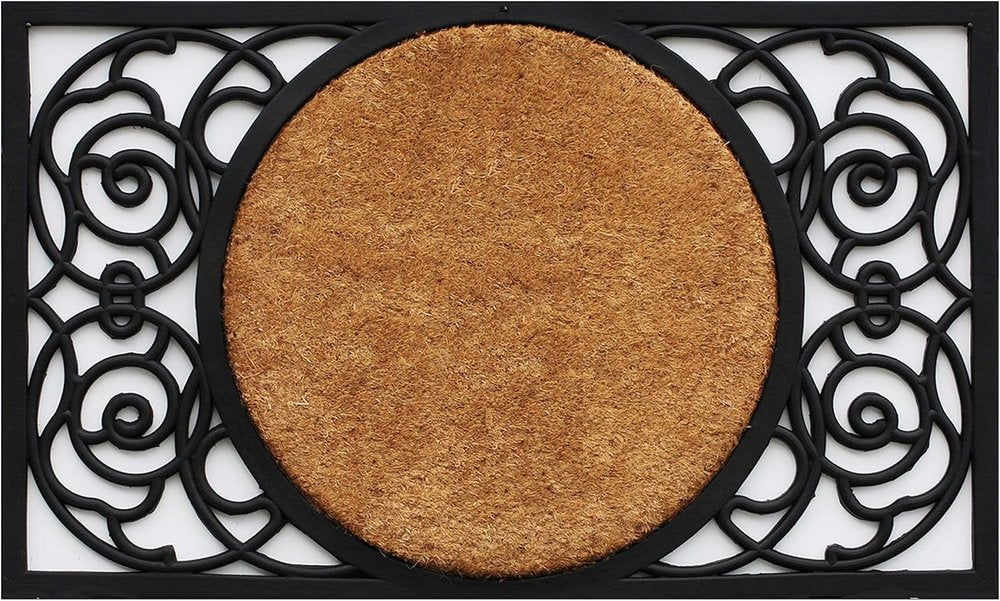 22" X 36" Black And Natural Geo Scrollwork Outdoor Rubber And Coir Door Mat — view 1
