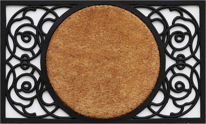 22" X 36" Black And Natural Geo Scrollwork Outdoor Rubber And Coir Door Mat
