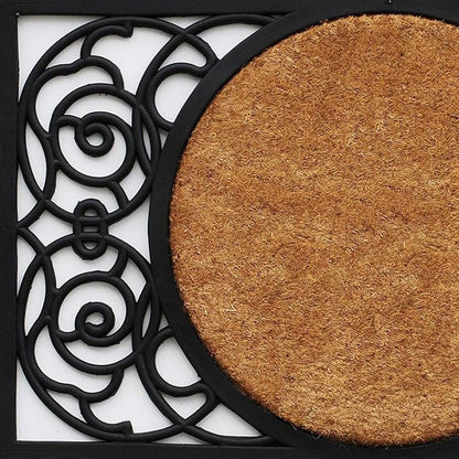 22" X 36" Black And Natural Geo Scrollwork Outdoor Rubber And Coir Door Mat