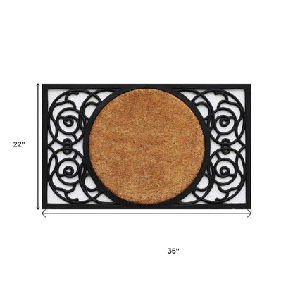 22" X 36" Black And Natural Geo Scrollwork Outdoor Rubber And Coir Door Mat