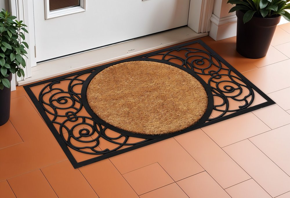 22" X 36" Black And Natural Geo Scrollwork Outdoor Rubber And Coir Door Mat — view 5