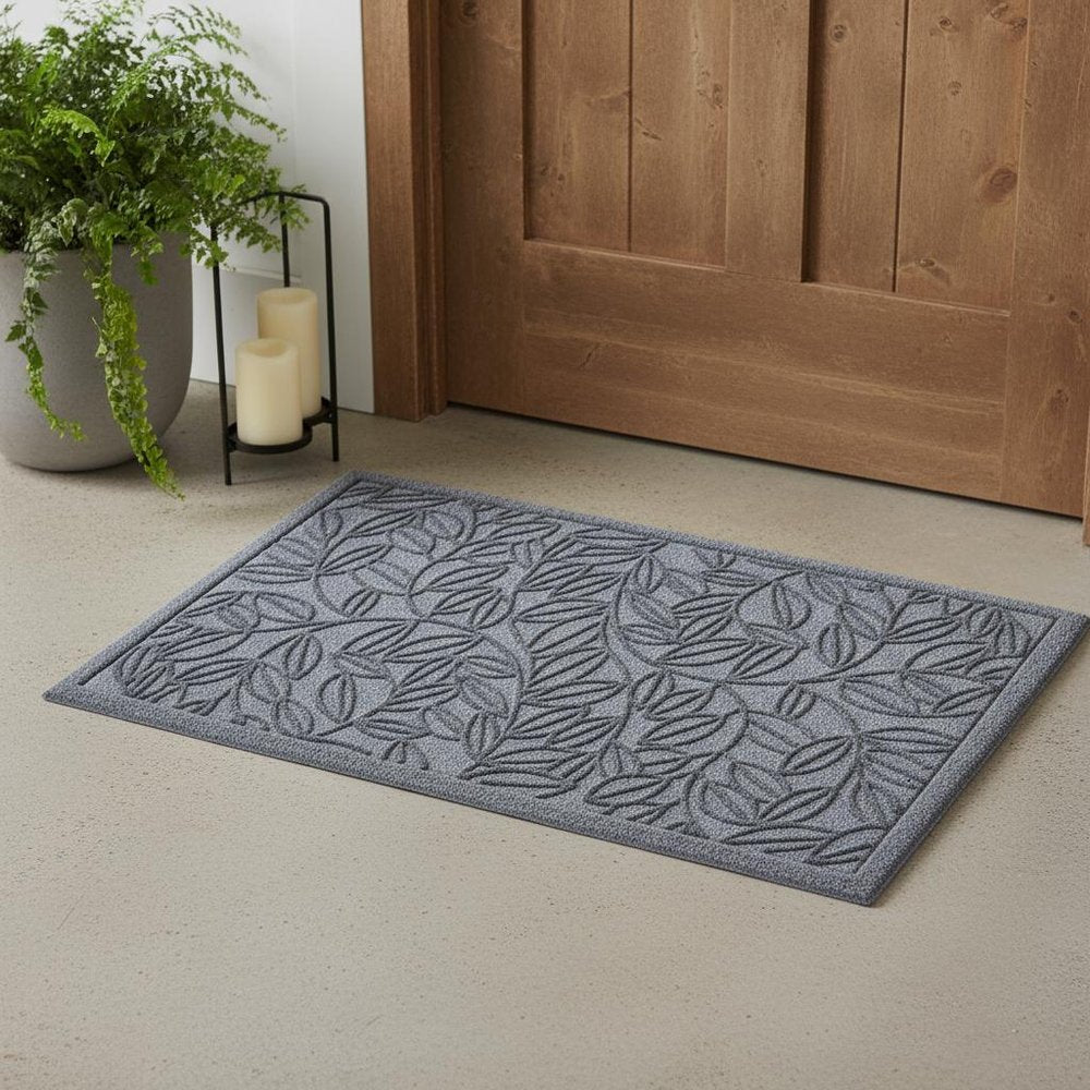 24" X 36" Gray Botanical Leaves Outdoor Polypropylene Door Mat