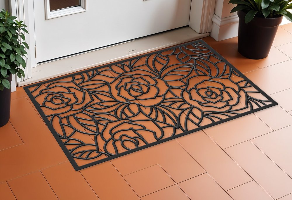 24" X 36" Black Floral Outdoor Rubber Door Mat — view 2