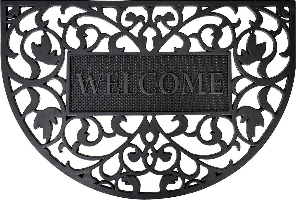 24" X 36" Black Scrollwork Welcome Semi Circle Outdoor Rubber Door Mat — view 1