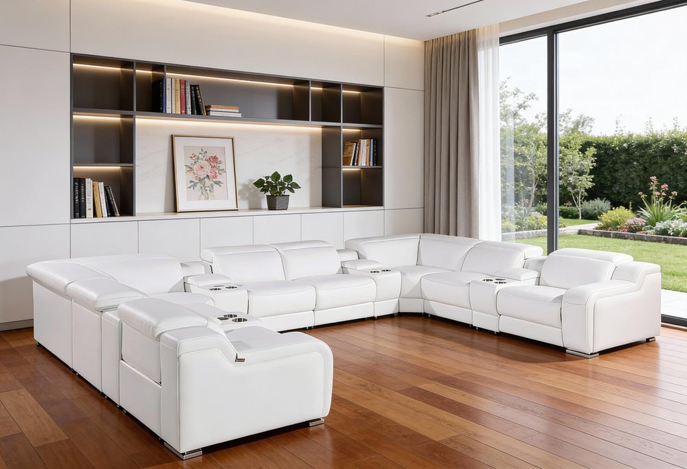 White Italian Leather Power Reclining U Shaped Twelve Piece Corner Sectional With Console HomeRoots