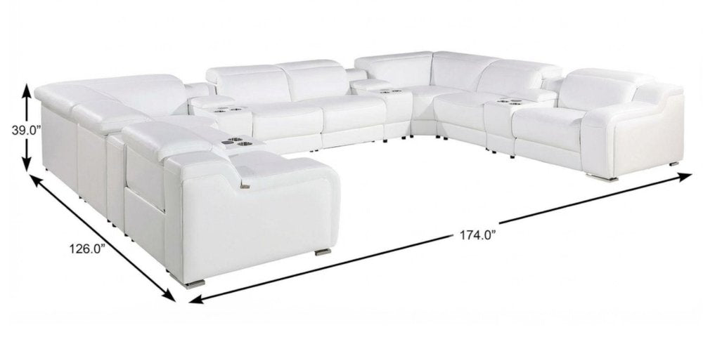 White Italian Leather Power Reclining U Shaped Twelve Piece Corner Sectional With Console HomeRoots