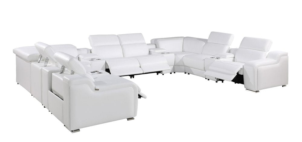 White Italian Leather Power Reclining U Shaped Twelve Piece Corner Sectional With Console HomeRoots