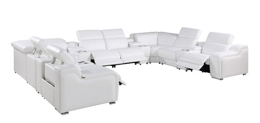 White Italian Leather Power Reclining U Shaped Twelve Piece Corner Sectional With Console HomeRoots