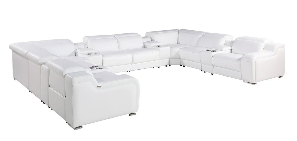 White Italian Leather Power Reclining U Shaped Twelve Piece Corner Sectional With Console HomeRoots