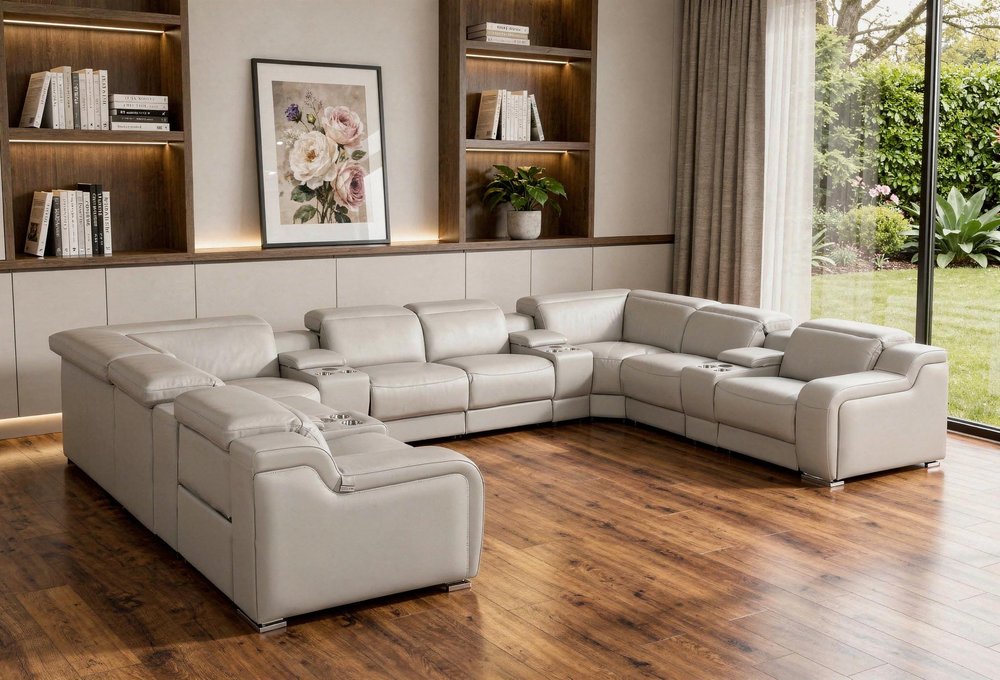 Light Gray Italian Leather Power Reclining U Shaped Twelve Piece Corner Sectional With Console HomeRoots