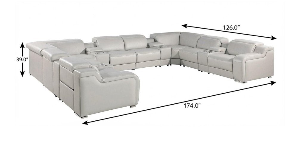 Light Gray Italian Leather Power Reclining U Shaped Twelve Piece Corner Sectional With Console HomeRoots