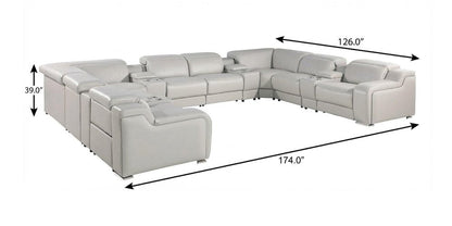 Light Gray Italian Leather Power Reclining U Shaped Twelve Piece Corner Sectional With Console HomeRoots