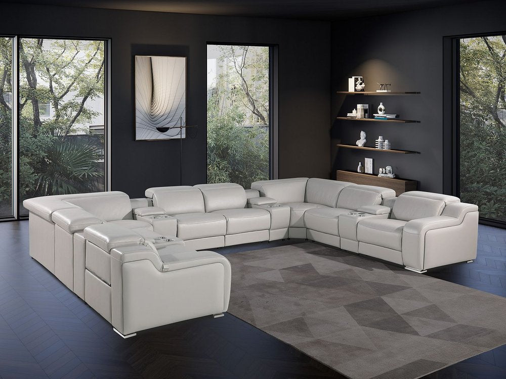 Light Gray Italian Leather Power Reclining U Shaped Twelve Piece Corner Sectional With Console HomeRoots