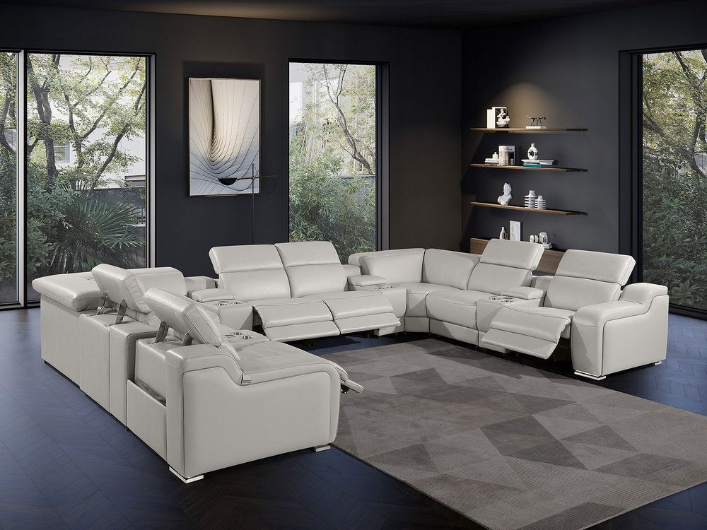 Light Gray Italian Leather Power Reclining U Shaped Twelve Piece Corner Sectional With Console HomeRoots