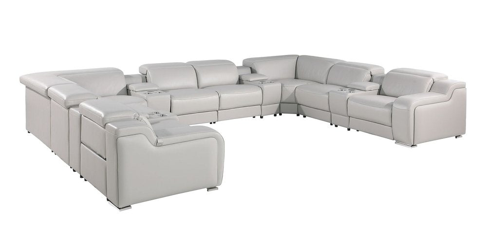 Light Gray Italian Leather Power Reclining U Shaped Twelve Piece Corner Sectional With Console HomeRoots