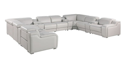 Light Gray Italian Leather Power Reclining U Shaped Twelve Piece Corner Sectional With Console HomeRoots