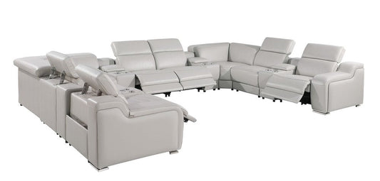 Light Gray Italian Leather Power Reclining U Shaped Twelve Piece Corner Sectional With Console HomeRoots
