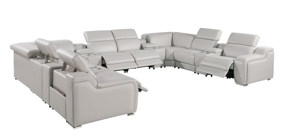 Light Gray Italian Leather Power Reclining U Shaped Twelve Piece Corner Sectional With Console HomeRoots