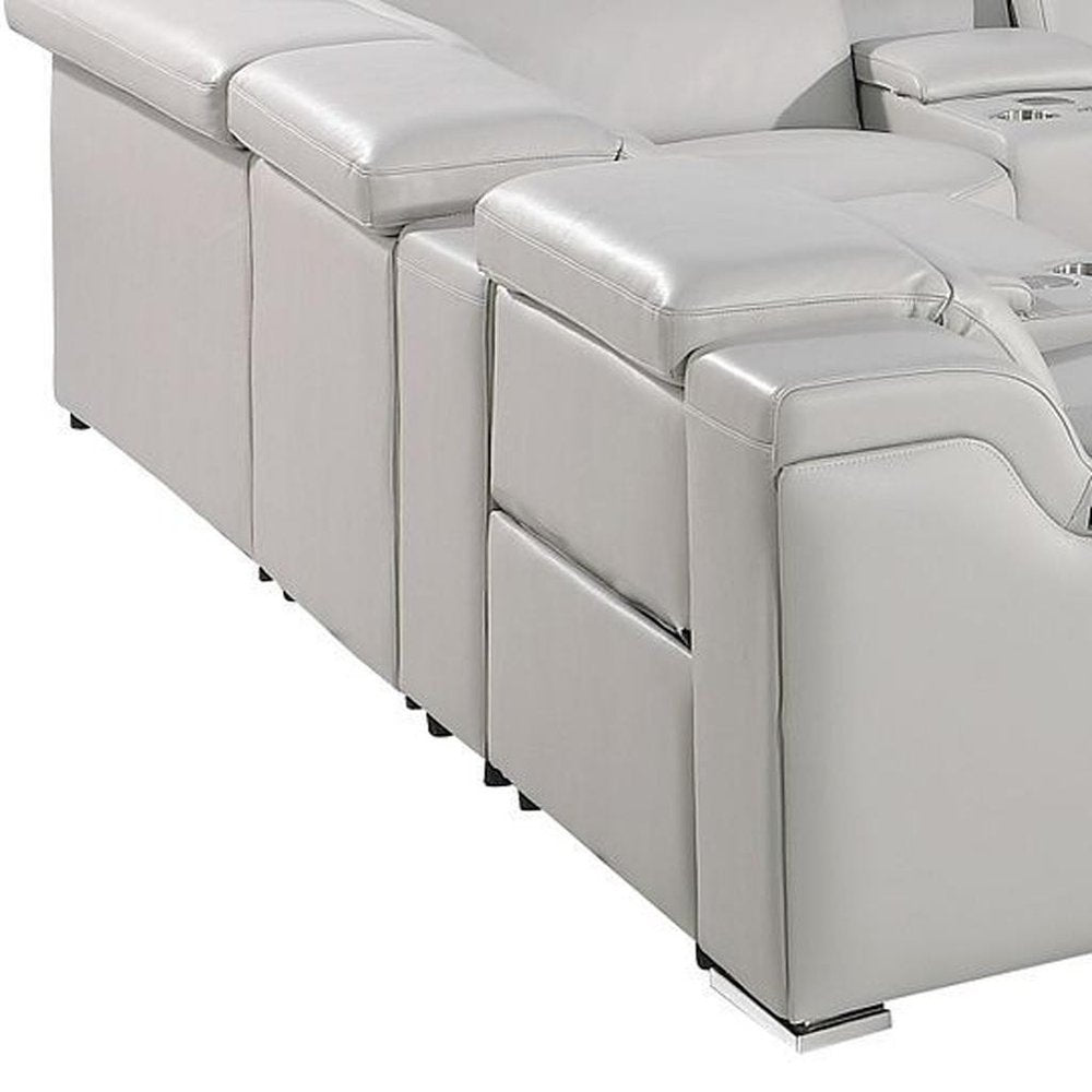 Light Gray Italian Leather Power Reclining U Shaped Twelve Piece Corner Sectional With Console HomeRoots